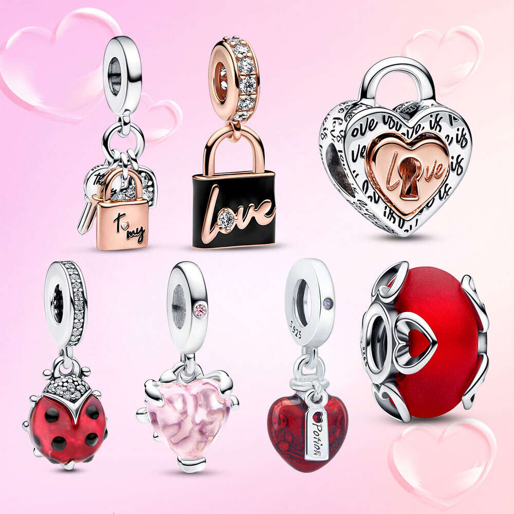 Bicolor Charms For Women Original Sier Plated Bracelet Ladybug Love Lock Moment Pendant Gift Beads Diy Jewelry Perline Red