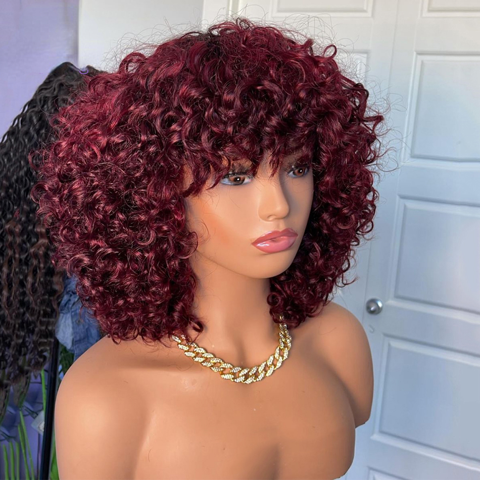 Free shipping 200density Mogolian Highlight blonde Color Short with Bangs for Black Women Kinky Curly Hair Wig Afro No Synthetic Full Lace Wigs Preplu
