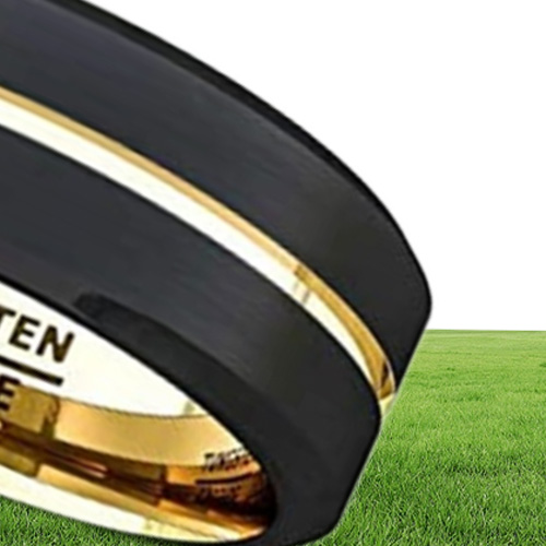 Fashion 8mm Black Tungsten Carbide Ring Gold Groove Matte Brushed Surface Beveled Edge Mens Wedding Band Comfort Fit
