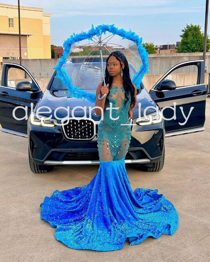 Blue Sparkly Trumpet Prom Ceremony Dresses for Women Luxury Diamond Crystal Black Girl Evening Birthday Gown abendkleider lang