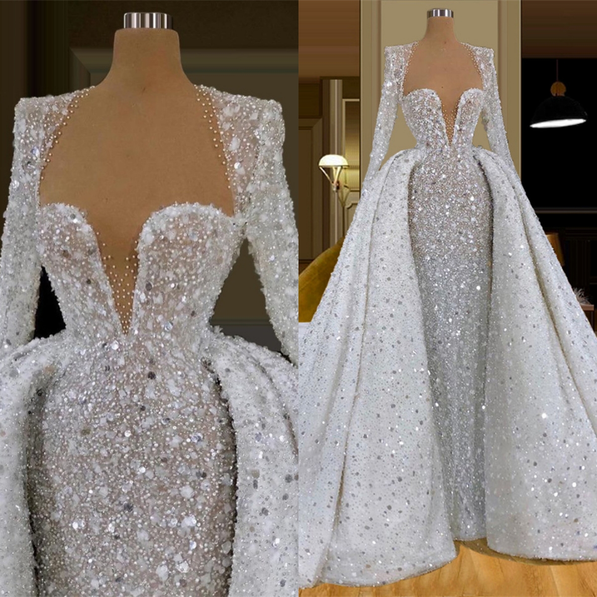 Sparking See Through Mermaid Wedding Dresses Sequins Beaded V Neck Bridal Gowns Custom Made Dubai Detachable Train Vestido de novia
