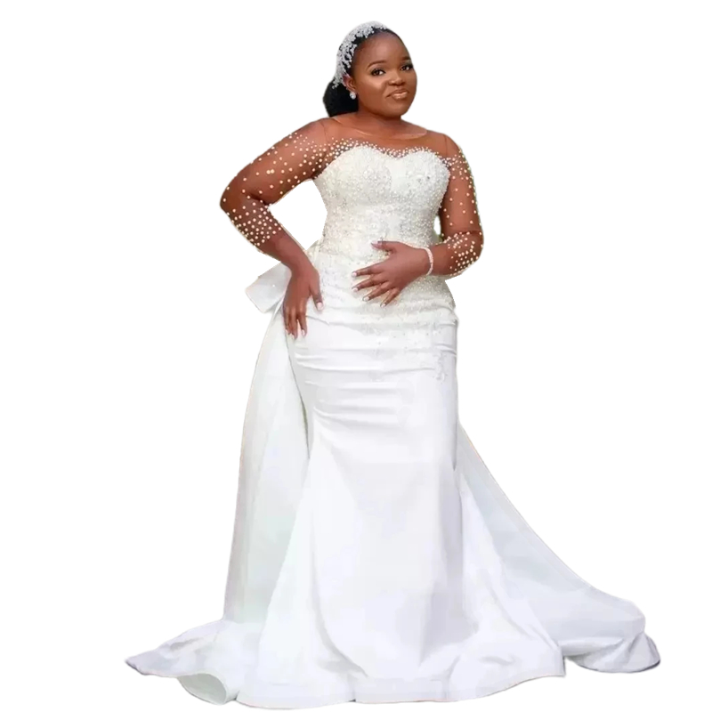 Arabic African Mermaid Wedding Dresses Pearls Beaded Nude Long Sleeves Illusion O-Neck Lace Appliques Elegant White Bridal Gowns With Detachable Bow S