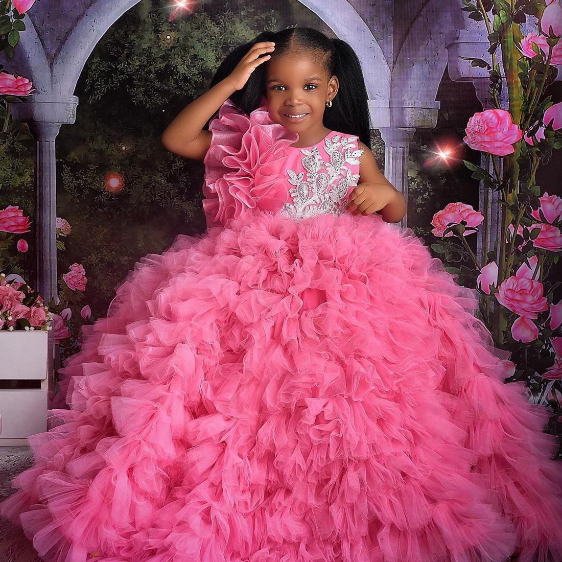 Fuchsia Little Kids Birthday Party Dresses Jewel Beaded Flower Girl Dresses Tiered Tulle Flowergirl Dress 1st Party Gowns Knee Length Commuication Dre