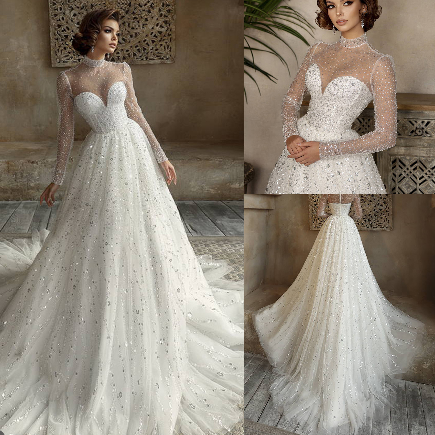 Classic A e Women Wedding High Collar Long Sleeves Bridal Gowns Sequins Sweep Train Dress Custom Made vestidos de novia
