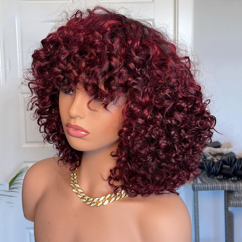 Free shipping 200density Mogolian Highlight blonde Color Short with Bangs for Black Women Kinky Curly Hair Wig Afro No Synthetic Full Lace Wigs Preplu