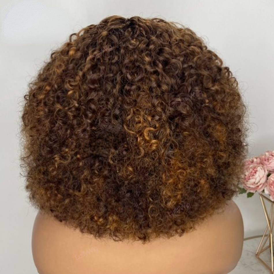 Peruvian Soft Hair Highlight Honey Blonde Afro Kinky Curly Wig Short Jerry Curly Human Hair Wigs with Bangs None Synthetic Lace Front Wigs Colored Wig