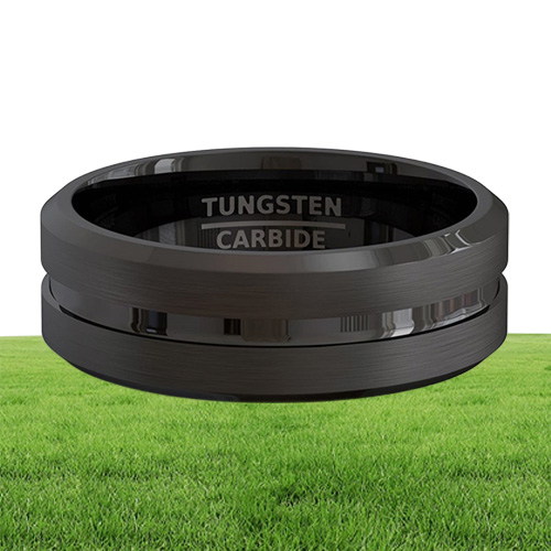 Fashion 8mm Black Tungsten Carbide Ring Gold Groove Matte Brushed Surface Beveled Edge Mens Wedding Band Comfort Fit