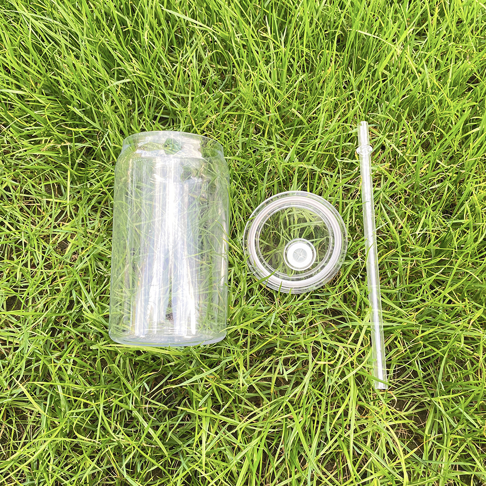 Recyclable ready to ship unbreakable clear transparent PET plastic acrylic 16oz beer glass soda can with pp lid and straw for UV DTF transfer,sold by 