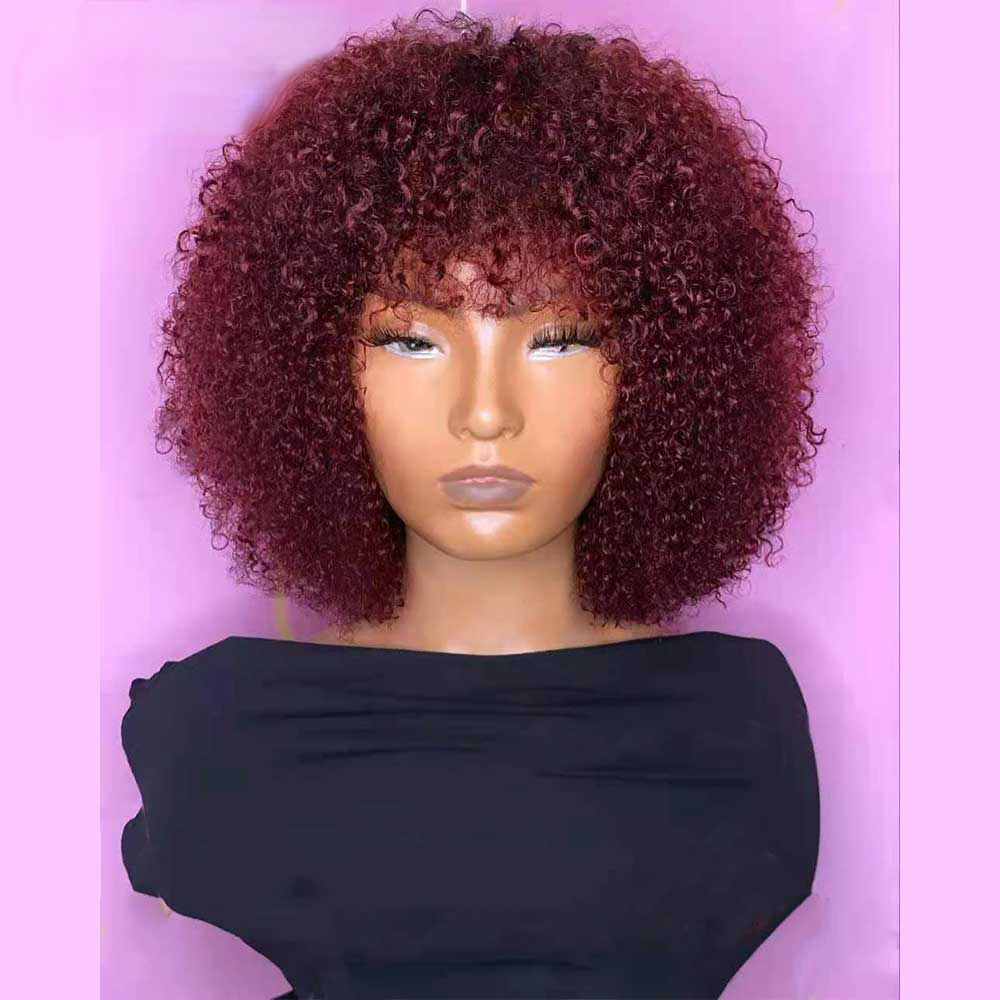 Free shipping 250 Density Brazilian with Bangs Short Silation Human Hair Afro Kinky Curly Brown Color Glueless No Full Lace Wig