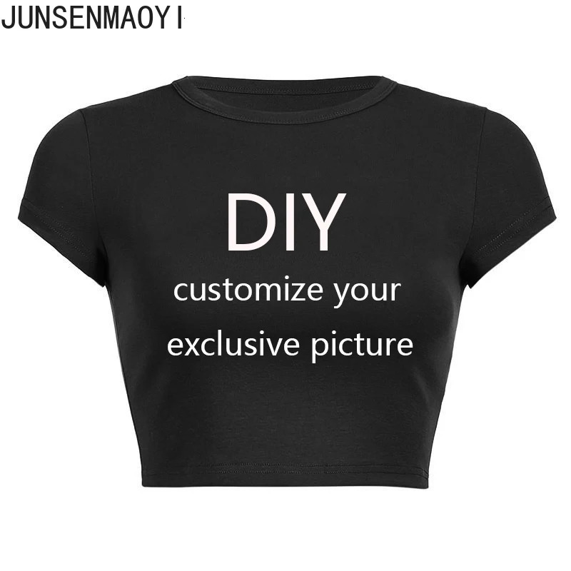 Your Exclusive DIY Print Pattern Customize Summer Short Sleeve O Neck Solid Color Cropped Navel Women Crop Tops Fashion T-Shirt 240125