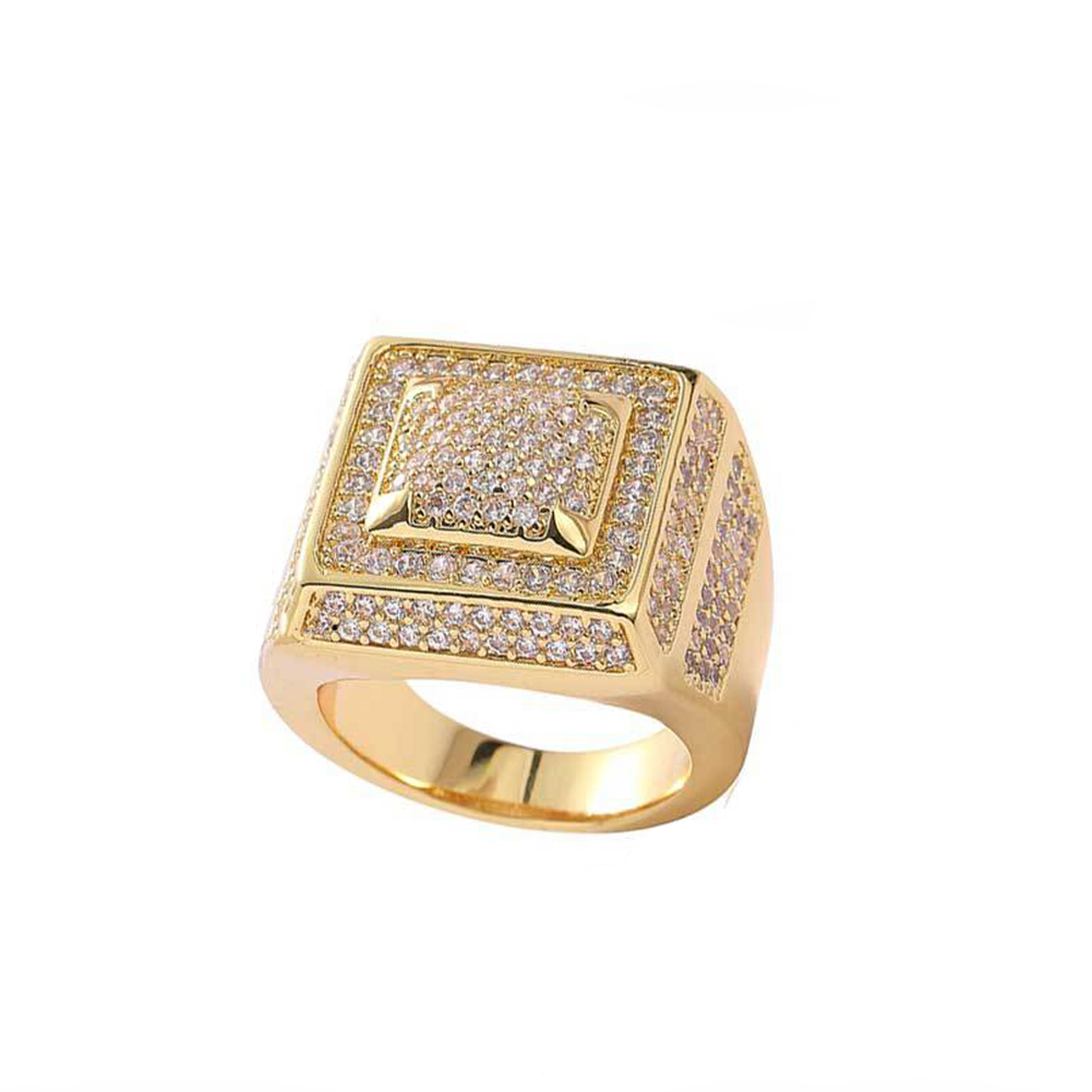 Hip Hop Retro Square Ring 5A Cubic Zircon 18K Real Gold Plated Finger Ring Mens Rap Jewelry