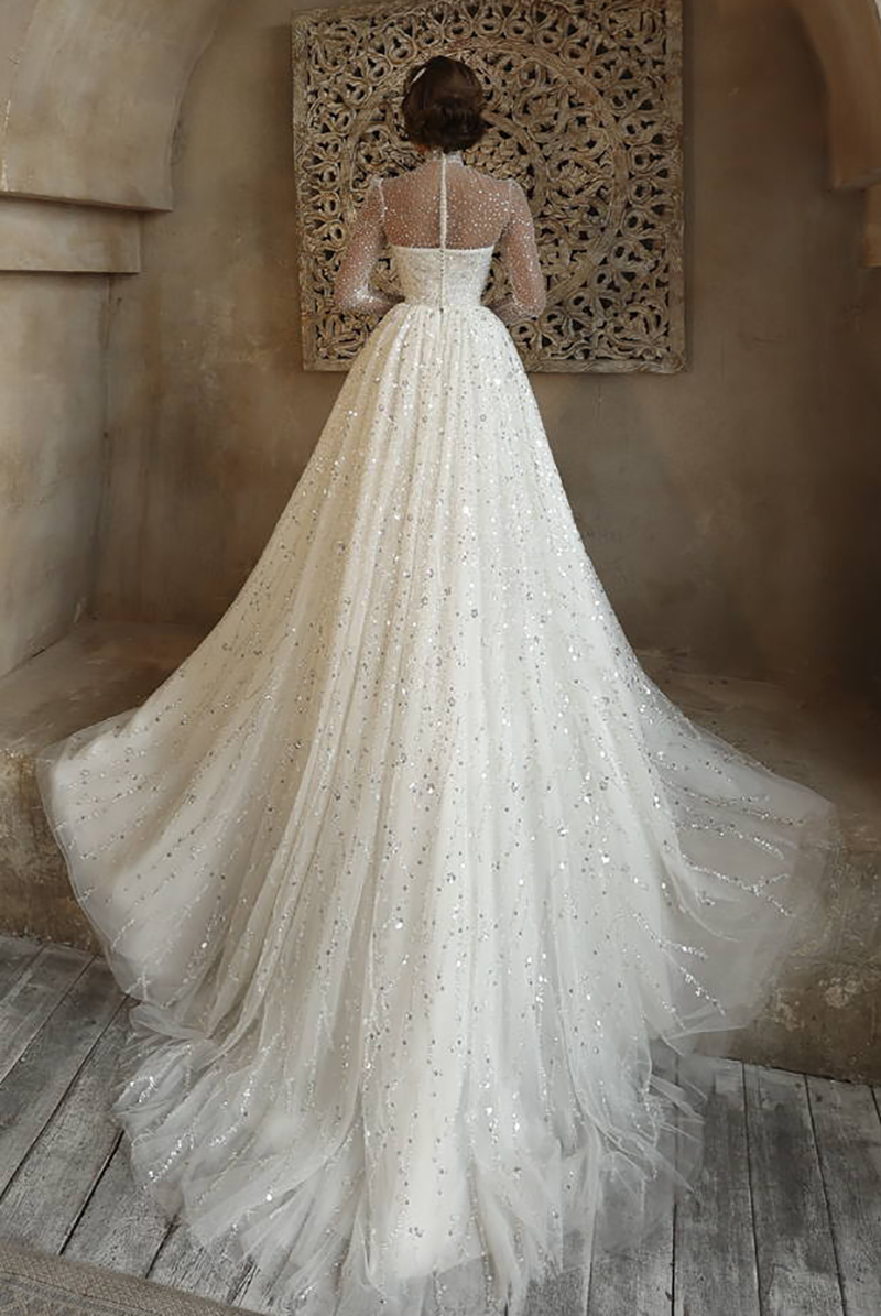 Classic A e Women Wedding High Collar Long Sleeves Bridal Gowns Sequins Sweep Train Dress Custom Made vestidos de novia
