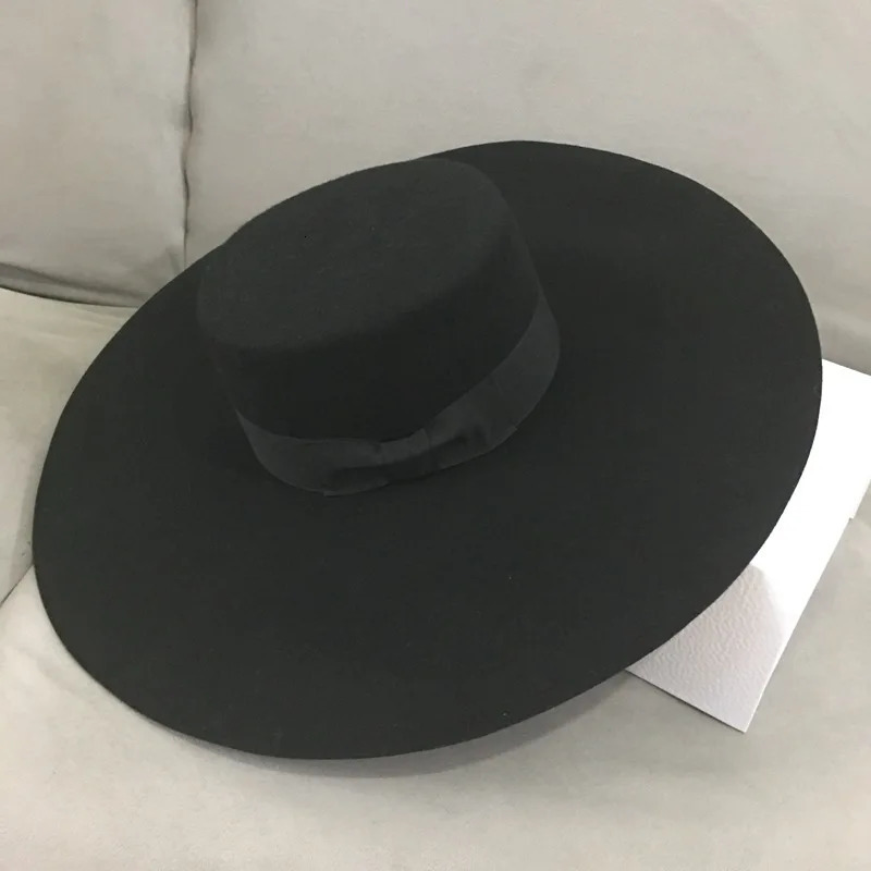Retro Style Big Warm Wide Brim Wool Fedora Hat Black Felt Hat Bow Flat Floppy Winter Hat for Women Party Church Wedding Hat 240125