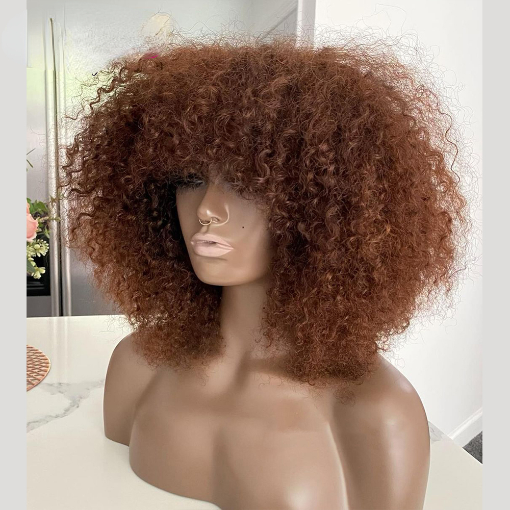 Free shipping 200density Mogolian Highlight blonde Color Short with Bangs for Black Women Kinky Curly Hair Wig Afro No Synthetic Full Lace Wigs Preplu