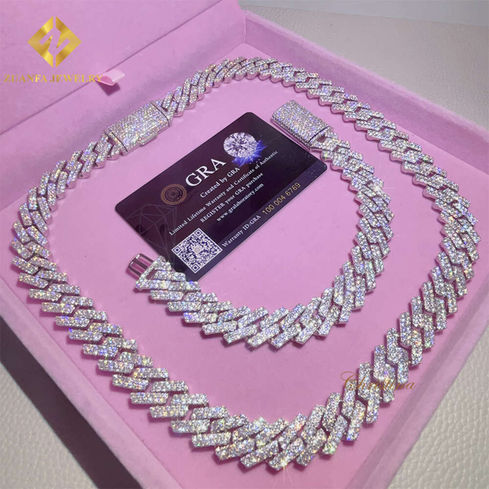 15mm Moissanite Bracelet Men Silver Cuban Link Chain Pass Diamond Tester Gra Vvs Necklace