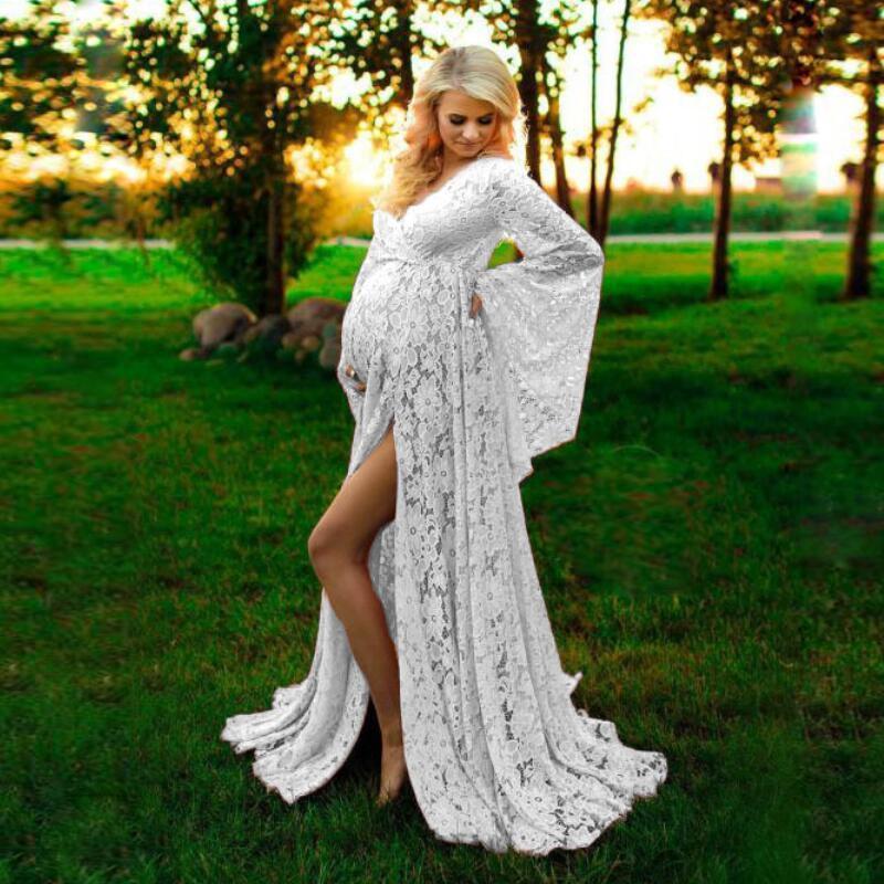 Long mesh lace deep V-shaped large skirt for pregnant women flared sleeves with lace up and a trailing dress 231006