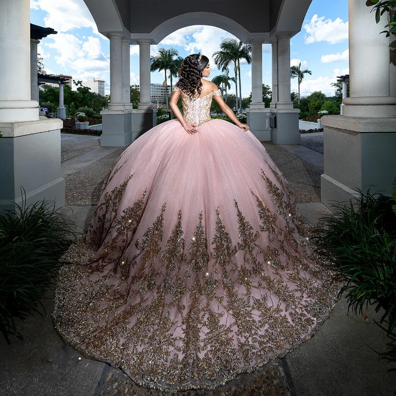 Pink Glittered Off the Shoulder Quinceanera Dress 2026 Gold Applique Lace Beading Vestidos Prom Vestidos De Baile Gown Sweet 15 16