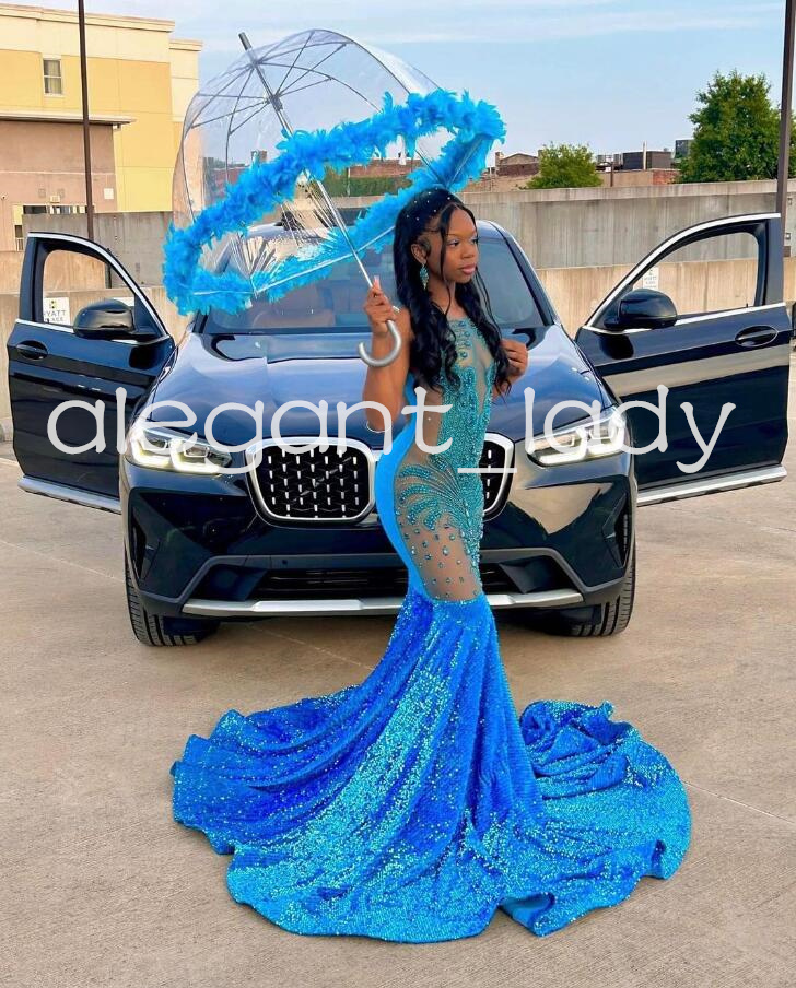 Blue Sparkly Trumpet Prom Ceremony Dresses for Women Luxury Diamond Crystal Black Girl Evening Birthday Gown abendkleider lang