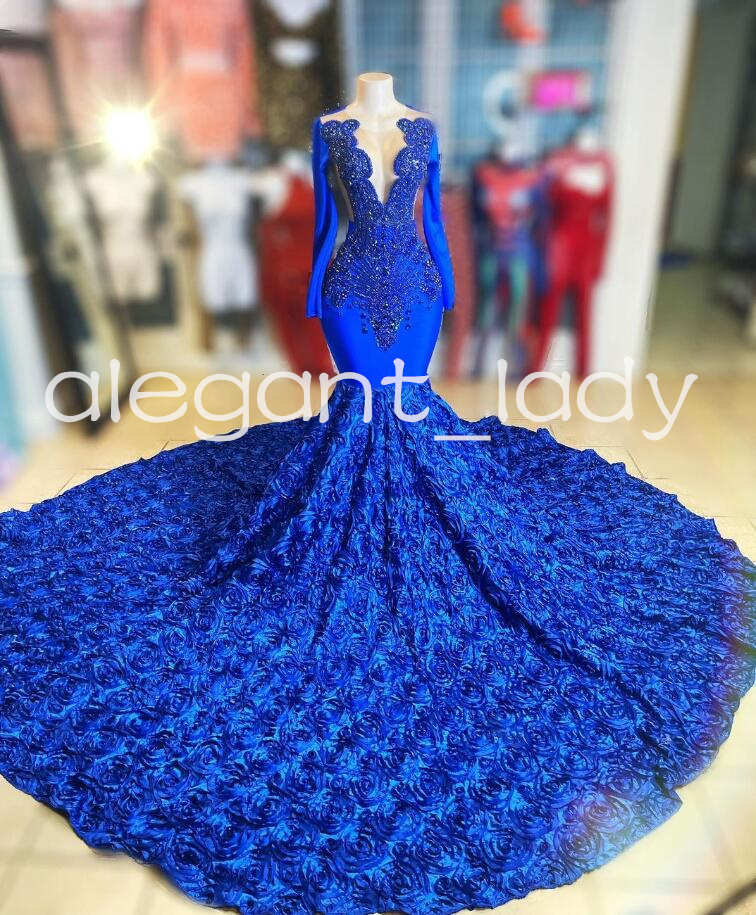 Royal Blue Sparkly African Evening Formal Dresses Long Sleeve Sparkly Diamond 3D Rose Floral Prom Ceremony Gown black girl