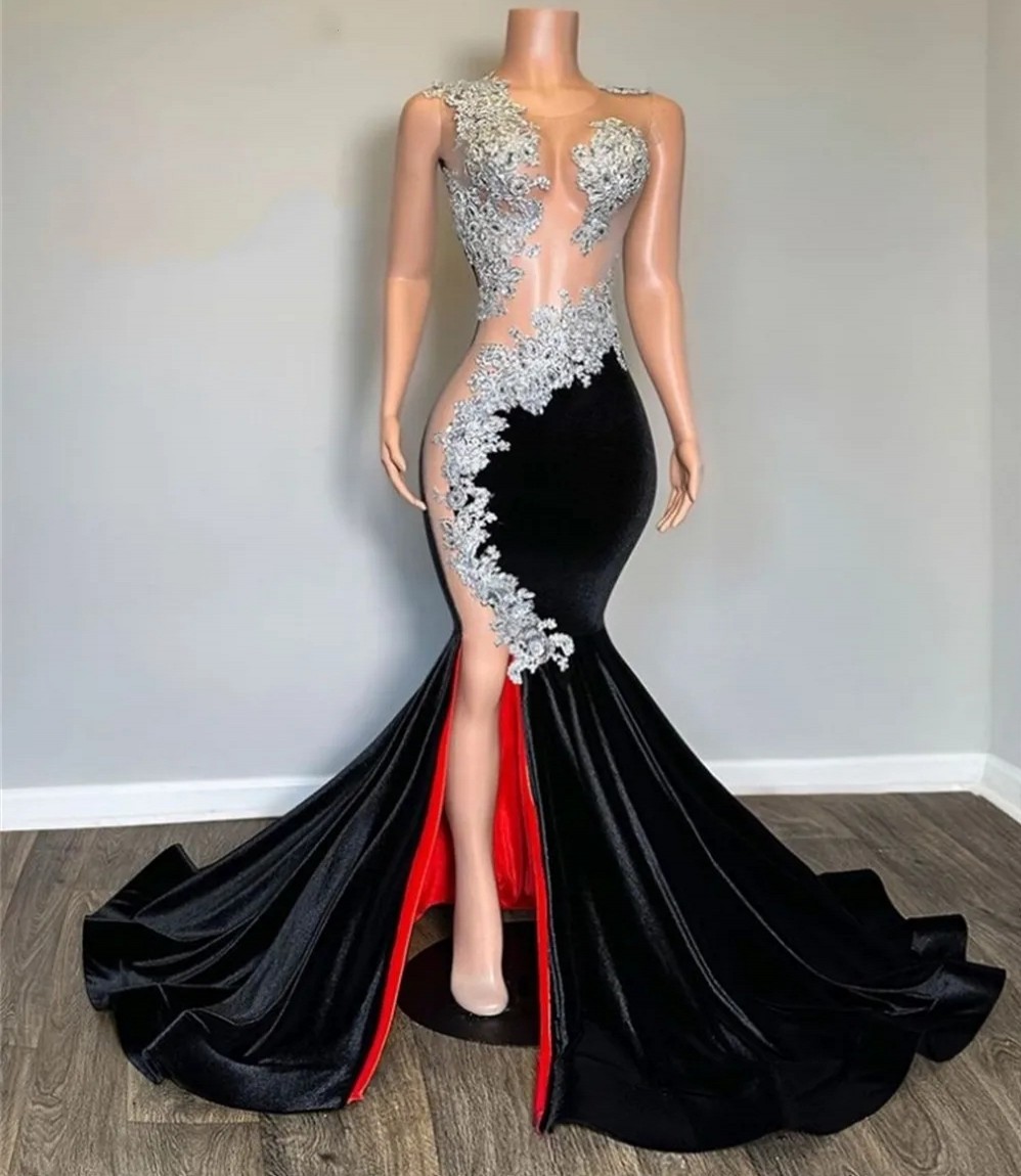 Sexy Black Velvet Evening Pageant Dress For Women Sheer Sliver Beaded Lace Appliques Mermaid Prom Formal Gowns African Robe De Soiree
