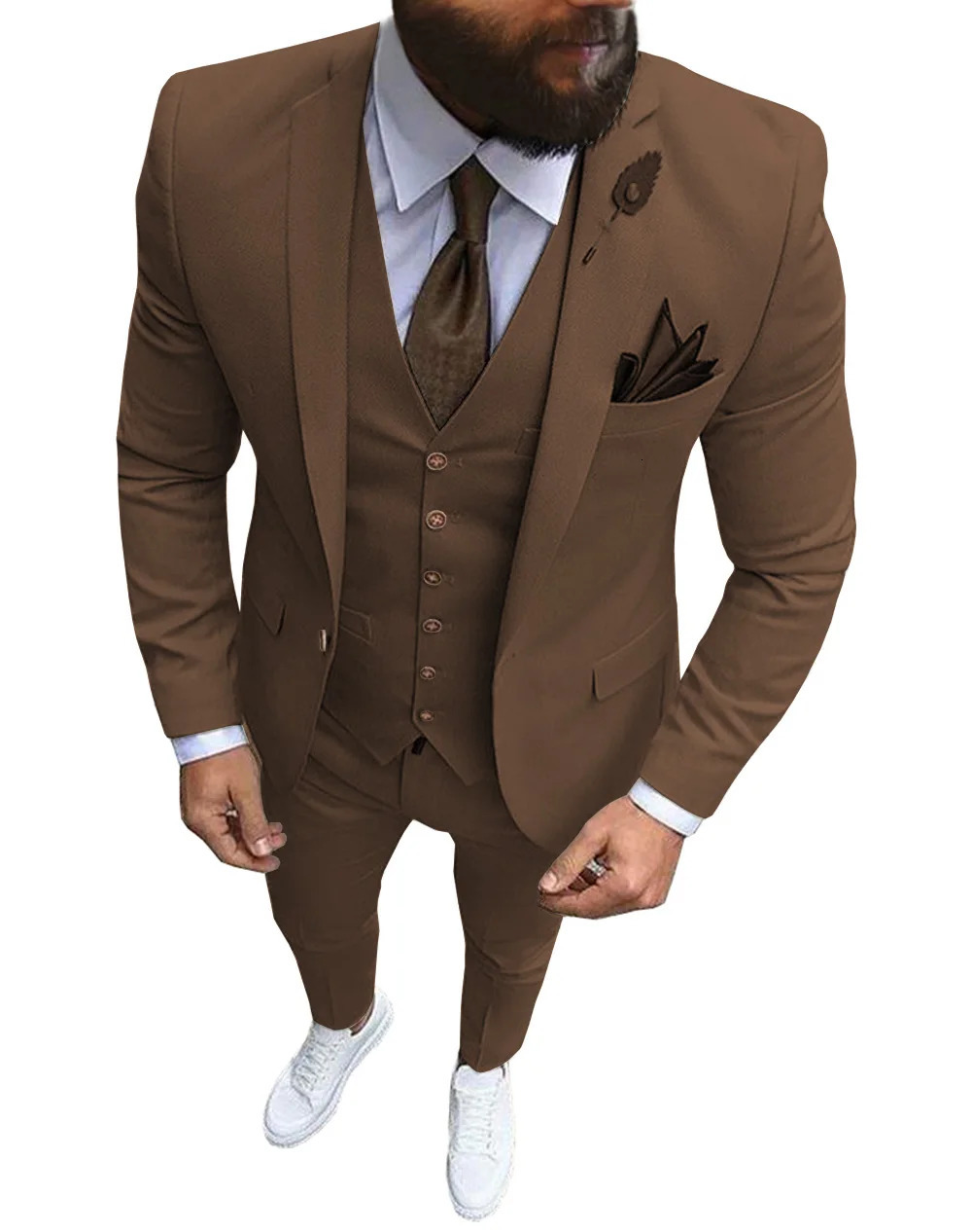 Men Suits 3 Pieces Slim Fit Casual Business Champagne Lapel Khaki Formal Tuxedos for Wedding Groomsmen BlazerPantsVest 240124