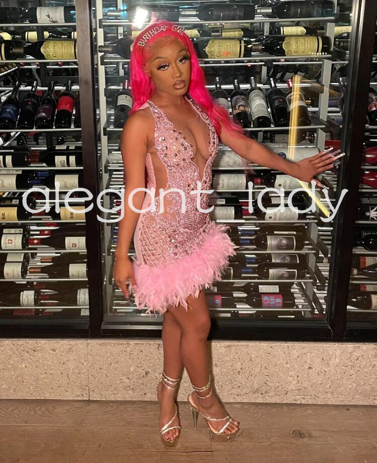 Pink Sparkly Short Prom Homecoming Dresses for Women Luxury Diamond Crystal Feather Birthday Gown vestudo de gala 2024 evening