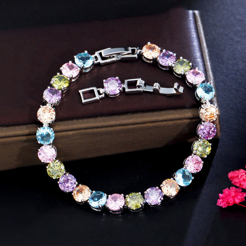 colorful diamond tennis designer bracelet woman copper round white yellow blue AAA zirconia crystal silver luxury lady bracelets womens fashion jewelry gift