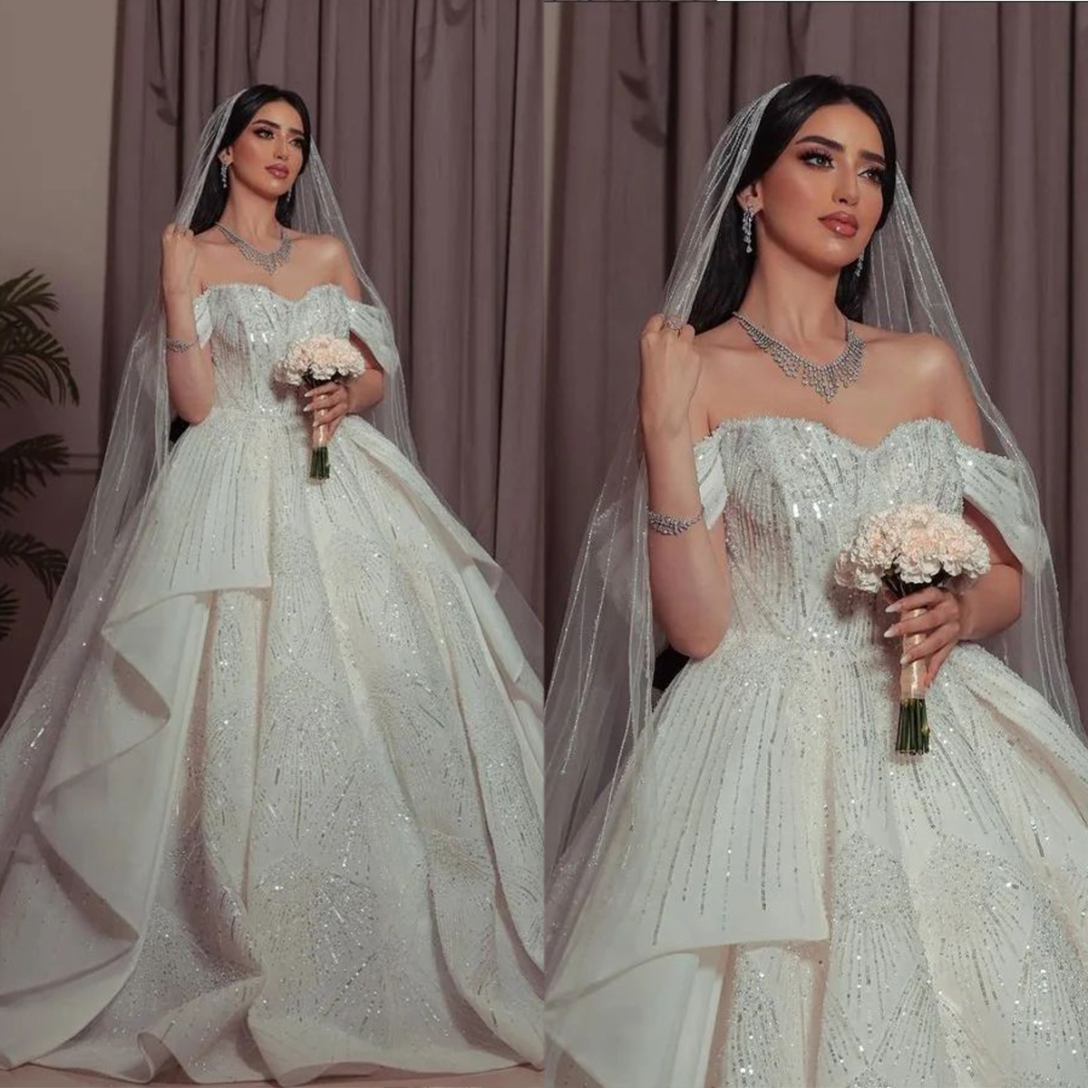 Glamorous Sequins Princess Wedding Dresses Off Shoulder Bridal Ball Gowns Short Sleeve Bride Dresses Custom Made Plus Size