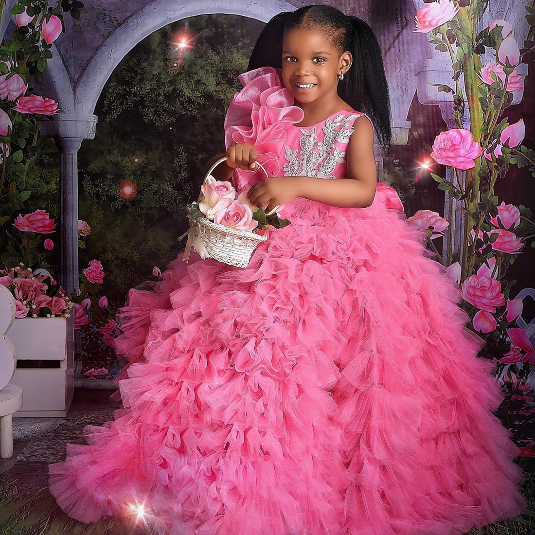 Fuchsia Little Kids Birthday Party Dresses Jewel Beaded Flower Girl Dresses Tiered Tulle Flowergirl Dress 1st Party Gowns Knee Length Commuication Dre