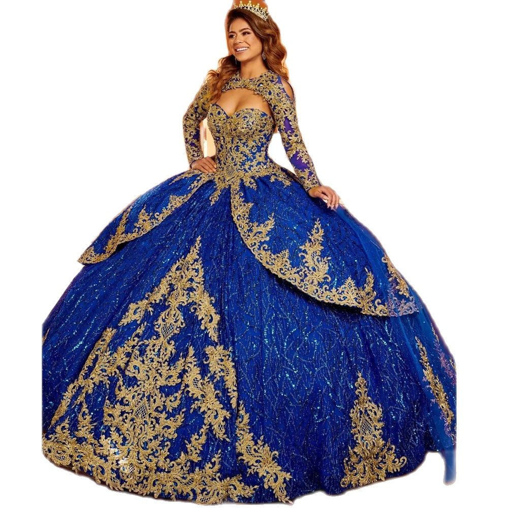 Charro Royal Blue Quinceanera With Cape Ball Gown Sweetheart Tulle Appliques Long Sleeve Mexican Sweet 16 Dresses 15 Anos