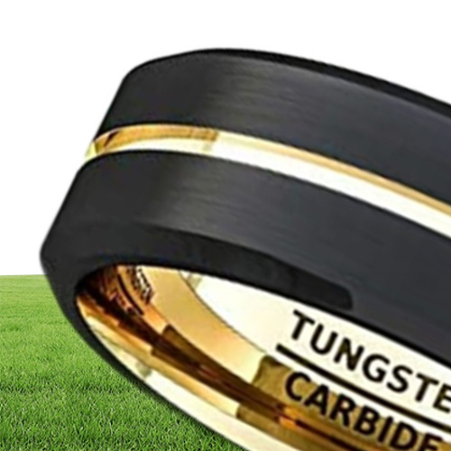 Fashion 8mm Black Tungsten Carbide Ring Gold Groove Matte Brushed Surface Beveled Edge Mens Wedding Band Comfort Fit