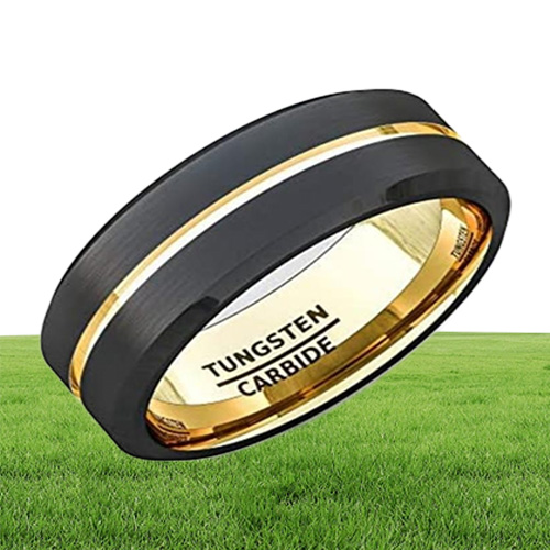 Fashion 8mm Black Tungsten Carbide Ring Gold Groove Matte Brushed Surface Beveled Edge Mens Wedding Band Comfort Fit