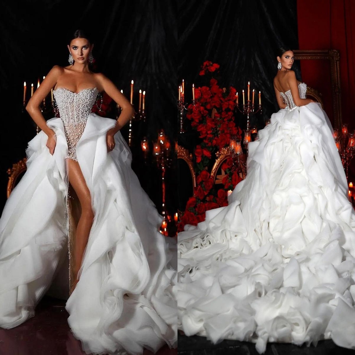 Urious Mermaid Wedding Pearls Beaded Strapless Overskirts Bridal Gowns Tiered Train Side Split Bride Dresses Custom Made 0219
