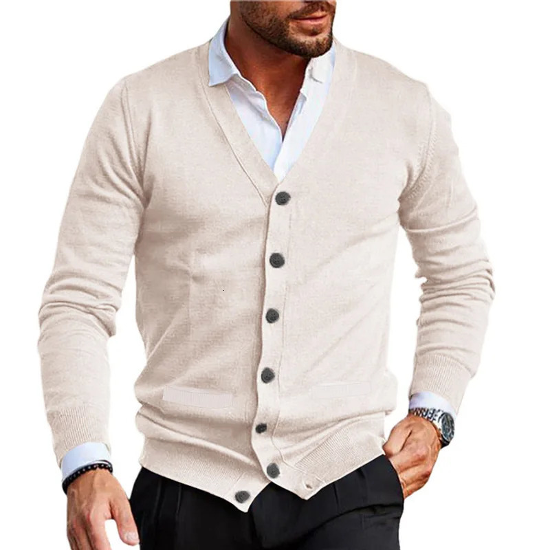 European and American mens Vneck knitted cardigan highquality lamb wool sweater 240119