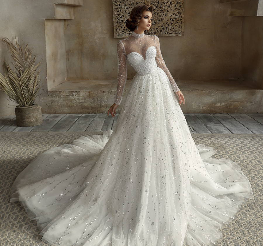 Classic A e Women Wedding High Collar Long Sleeves Bridal Gowns Sequins Sweep Train Dress Custom Made vestidos de novia