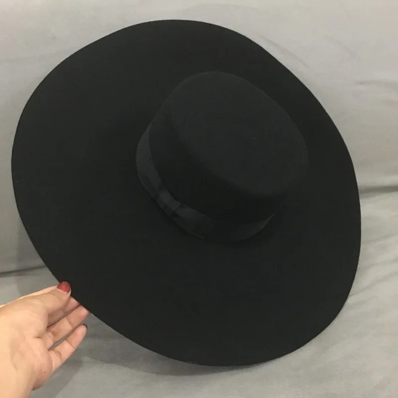 Retro Style Big Warm Wide Brim Wool Fedora Hat Black Felt Hat Bow Flat Floppy Winter Hat for Women Party Church Wedding Hat 240125