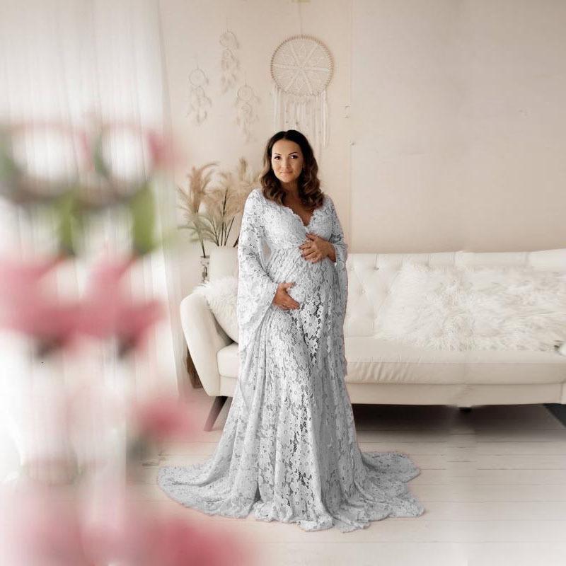 Long mesh lace deep V-shaped large skirt for pregnant women flared sleeves with lace up and a trailing dress 231006