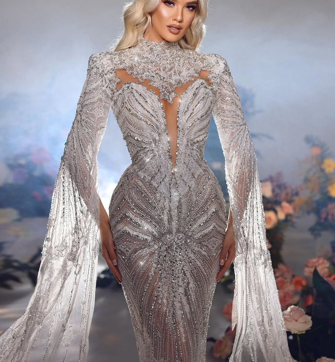 Mermaid Wedding High Collar Bridal Gowns Crystal See Through Long Sleeve Beaded Bride Dresses Custom Made 0219