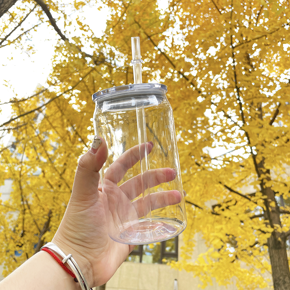Recyclable ready to ship unbreakable clear transparent PET plastic acrylic 16oz beer glass soda can with pp lid and straw for UV DTF transfer,sold by 