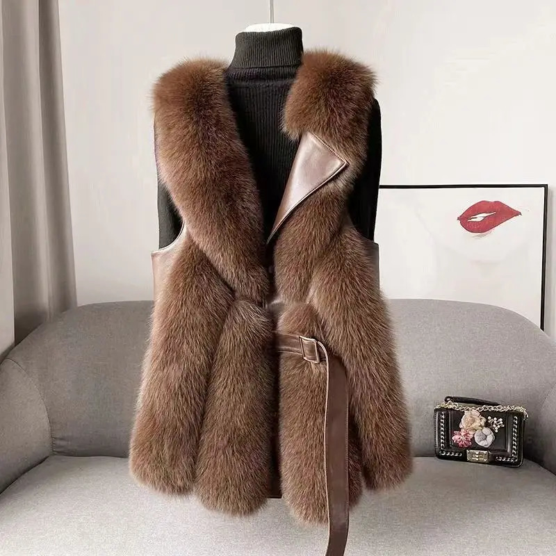 Fox Fur Vest Coat Womens Faux Fur Waistcoat Fashion Slim Fur Jacket Chic Sleeveless Faux Fox Fur Vests with Belt Jacket 240124