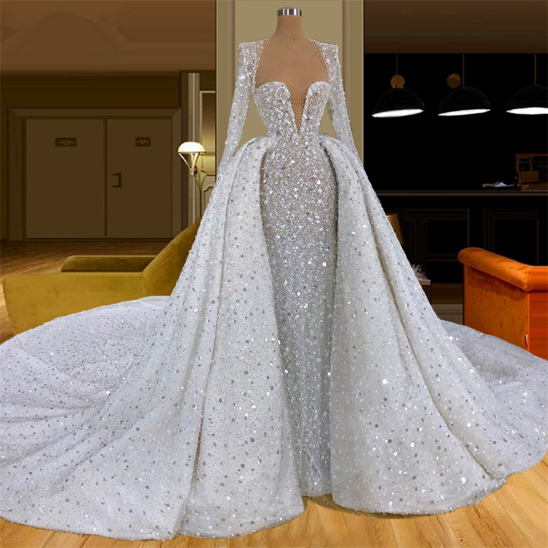 Sparking See Through Mermaid Wedding Dresses Sequins Beaded V Neck Bridal Gowns Custom Made Dubai Detachable Train Vestido de novia