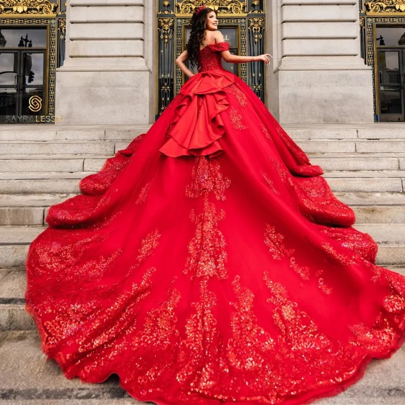 Red Ball Gown Beaded Quinceanera Dresses Lace Appliqued Prom Gowns Sequined Off The Shoulder Neckline Tulle Sweet 15 Masquerade Dress