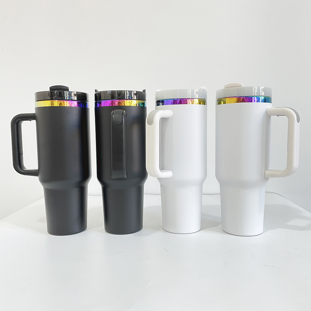 USA warehouse H2.0 40oz Rainbow plated tumbler powder coated vacuum insulated black white holographic travel mug with lid and straw for sunflower lase