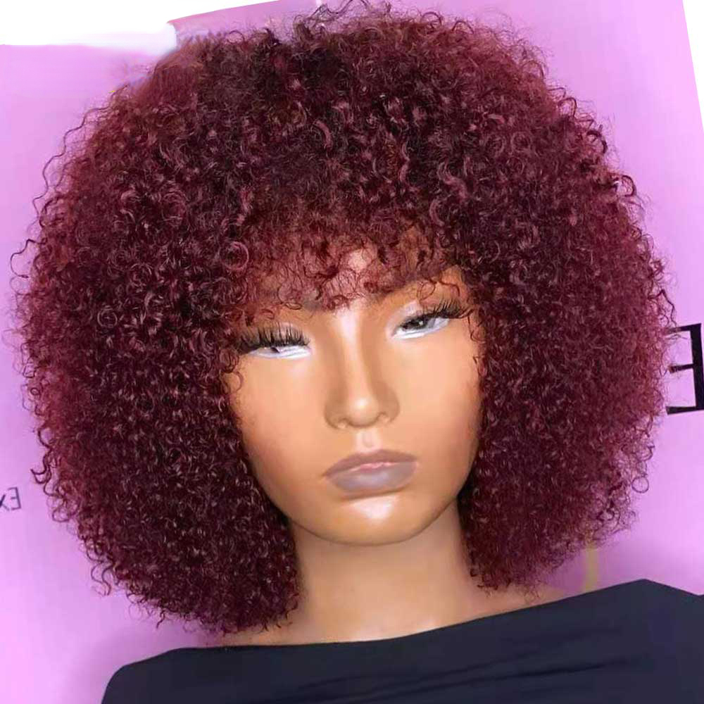 Free shipping 250 Density Brazilian with Bangs Short Silation Human Hair Afro Kinky Curly Brown Color Glueless No Full Lace Wig