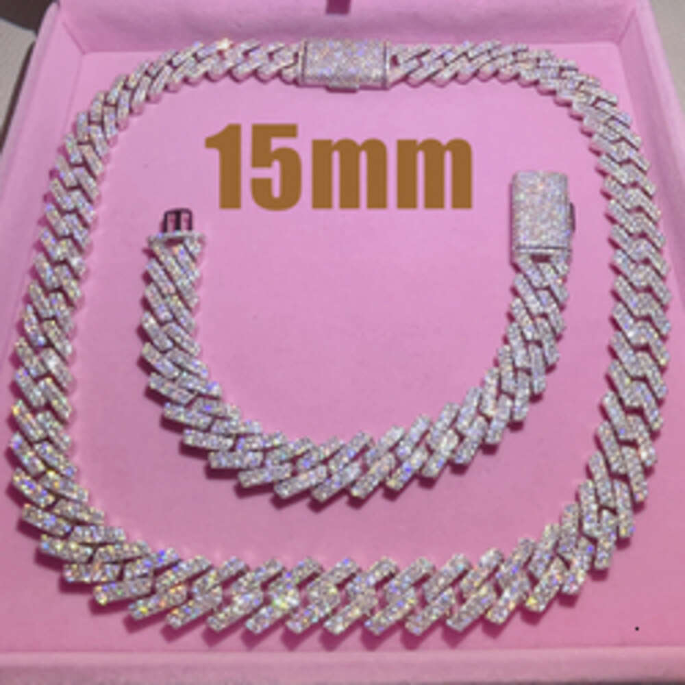 15mm Moissanite Bracelet Men Silver Cuban Link Chain Pass Diamond Tester Gra Vvs Necklace