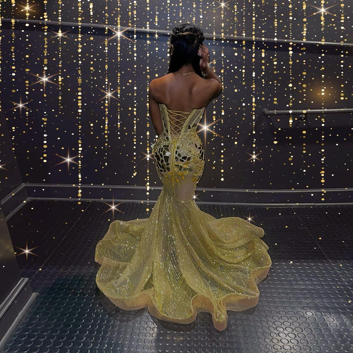 Sparkly Gold Sequin Mermaid Prom Dress Strapless Graduation Party Gown