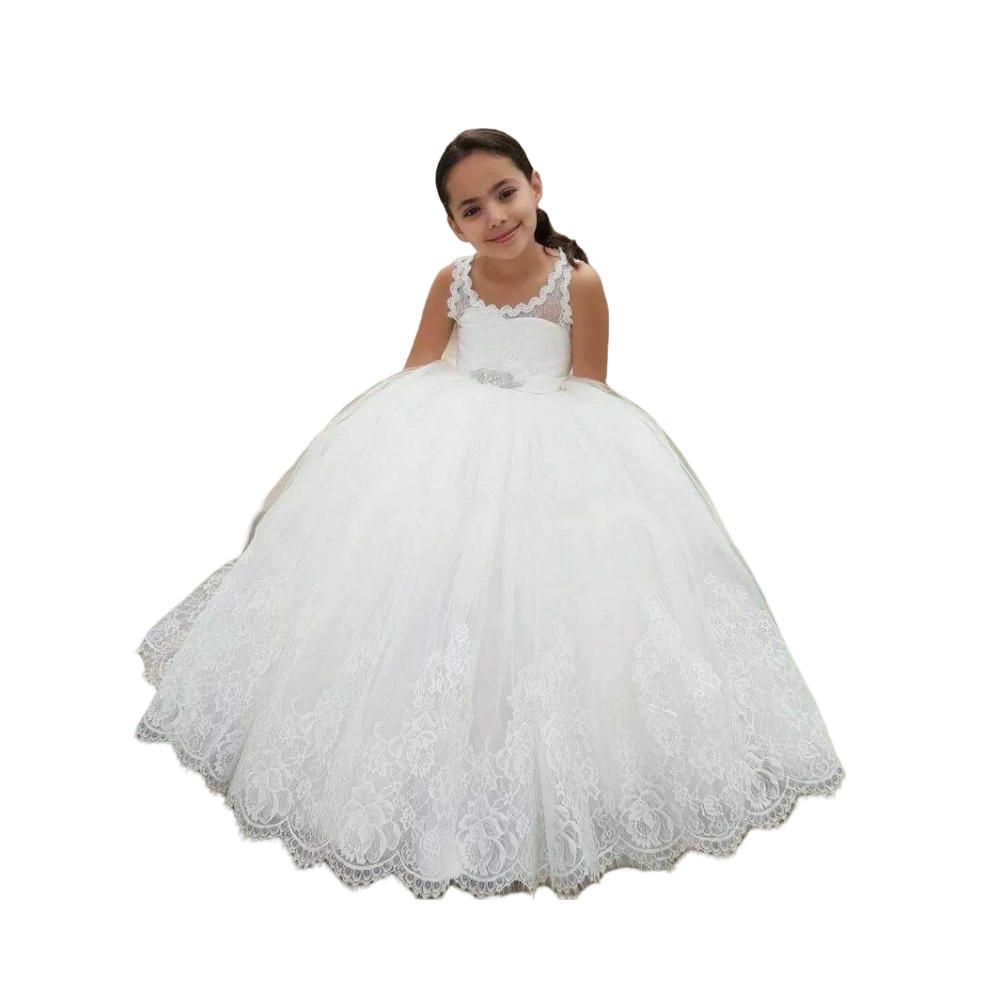 2024 Simple Lovely Flower Girls Dresses For Weddings Sleeveless Scoop Neck Lace Appliques Princess Kids Birthday Girl Pageant Gowns Floor Length Corse