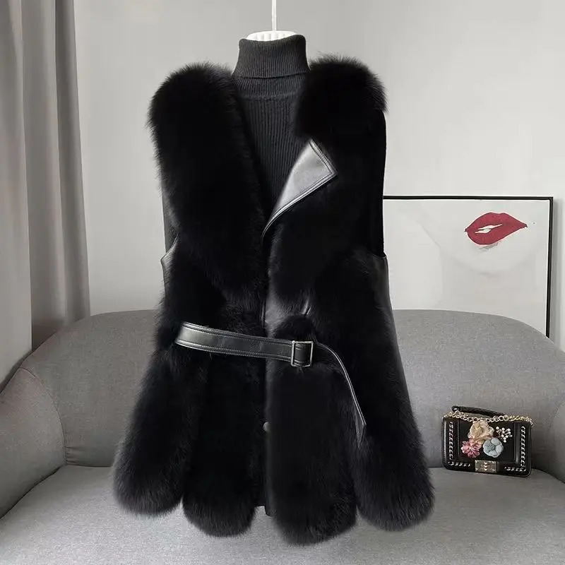 Fox Fur Vest Coat Womens Faux Fur Waistcoat Fashion Slim Fur Jacket Chic Sleeveless Faux Fox Fur Vests with Belt Jacket 240124