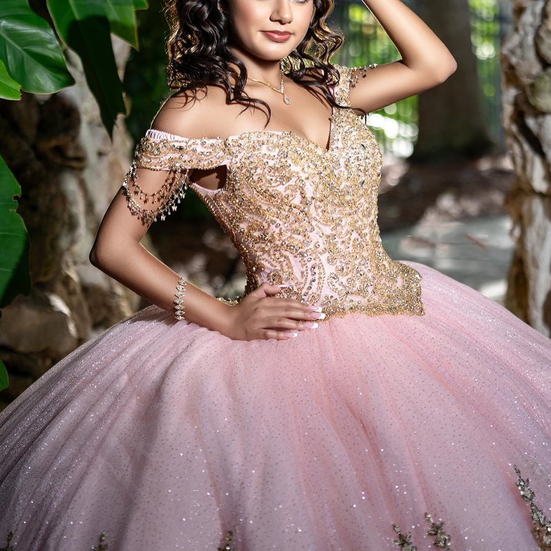 Pink Glittered Off the Shoulder Quinceanera Dress 2026 Gold Applique Lace Beading Vestidos Prom Vestidos De Baile Gown Sweet 15 16