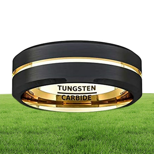 Fashion 8mm Black Tungsten Carbide Ring Gold Groove Matte Brushed Surface Beveled Edge Mens Wedding Band Comfort Fit